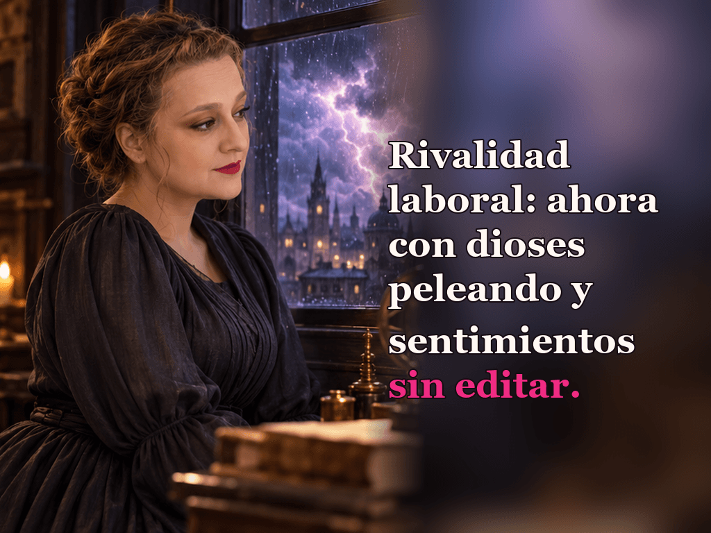 Imagen de la reseña del libro «Rivales divinos», escrita por Yenny Astrid Londoño. Ilustración de Rivales divinos, de Rebecca Ross, con un texto superpuesto: «Rivalidad laboral: ahora con dioses peleando y sentimientos sin editar».