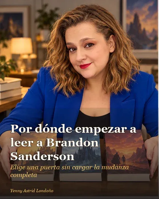 Portada del artículo «Por dónde empezar a leer a Brandon Sanderson sin abrir una hoja de cálculo», escrito por Yenny Astrid Londoño. Yenny compara tres libros de fantasía de distintos tamaños sobre una mesa de lectura.