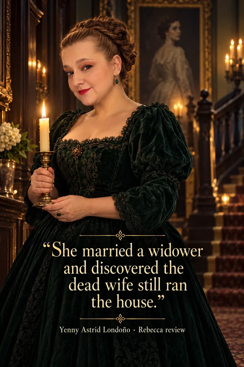 Image from Yenny Astrid Londoño’s review of “Rebecca”. Yenny in a dark green period dress holding a candle below a portrait at Manderley. Text: She married a widower and discovered the dead wife still ran the house.