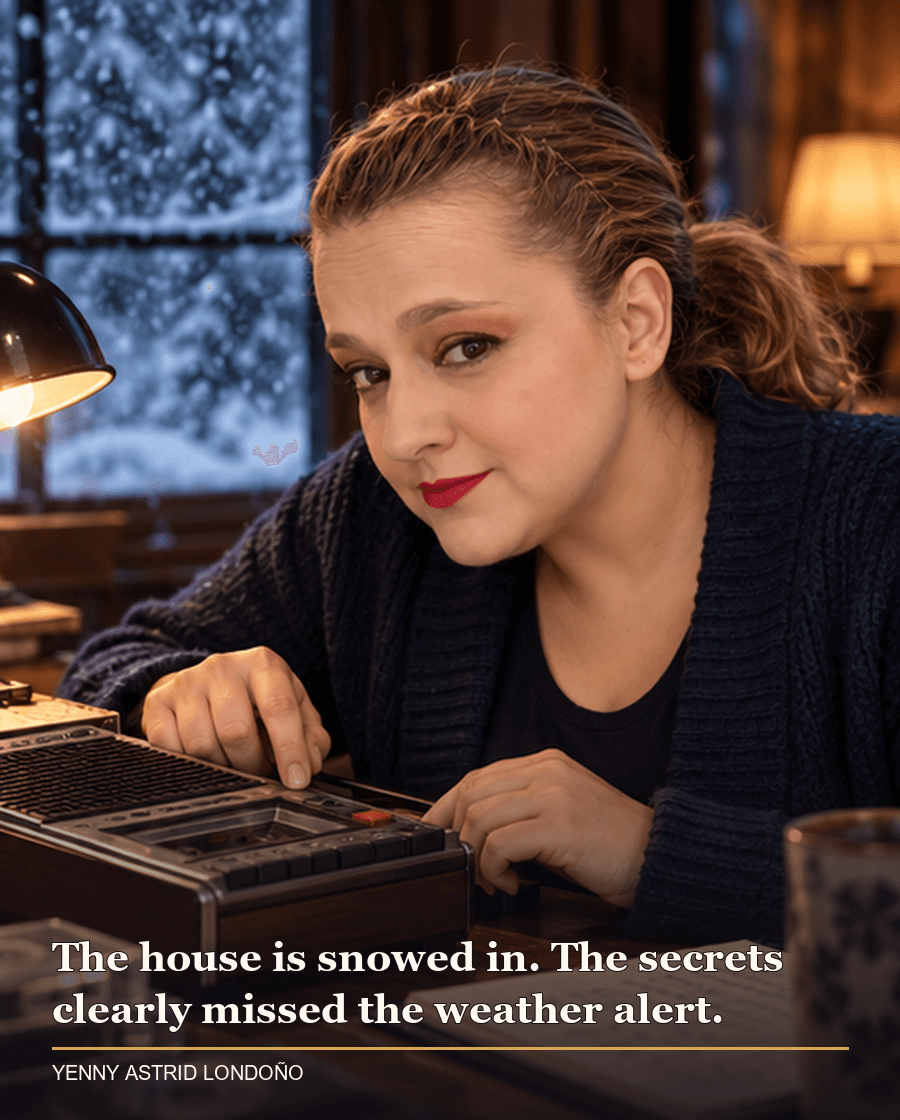 Image from Yenny Astrid Londoño’s review of “Never Lie”. Yenny in a navy cardigan listening to a cassette recorder beside a snowy window. Text: The house is snowed in. The secrets clearly missed the weather alert.