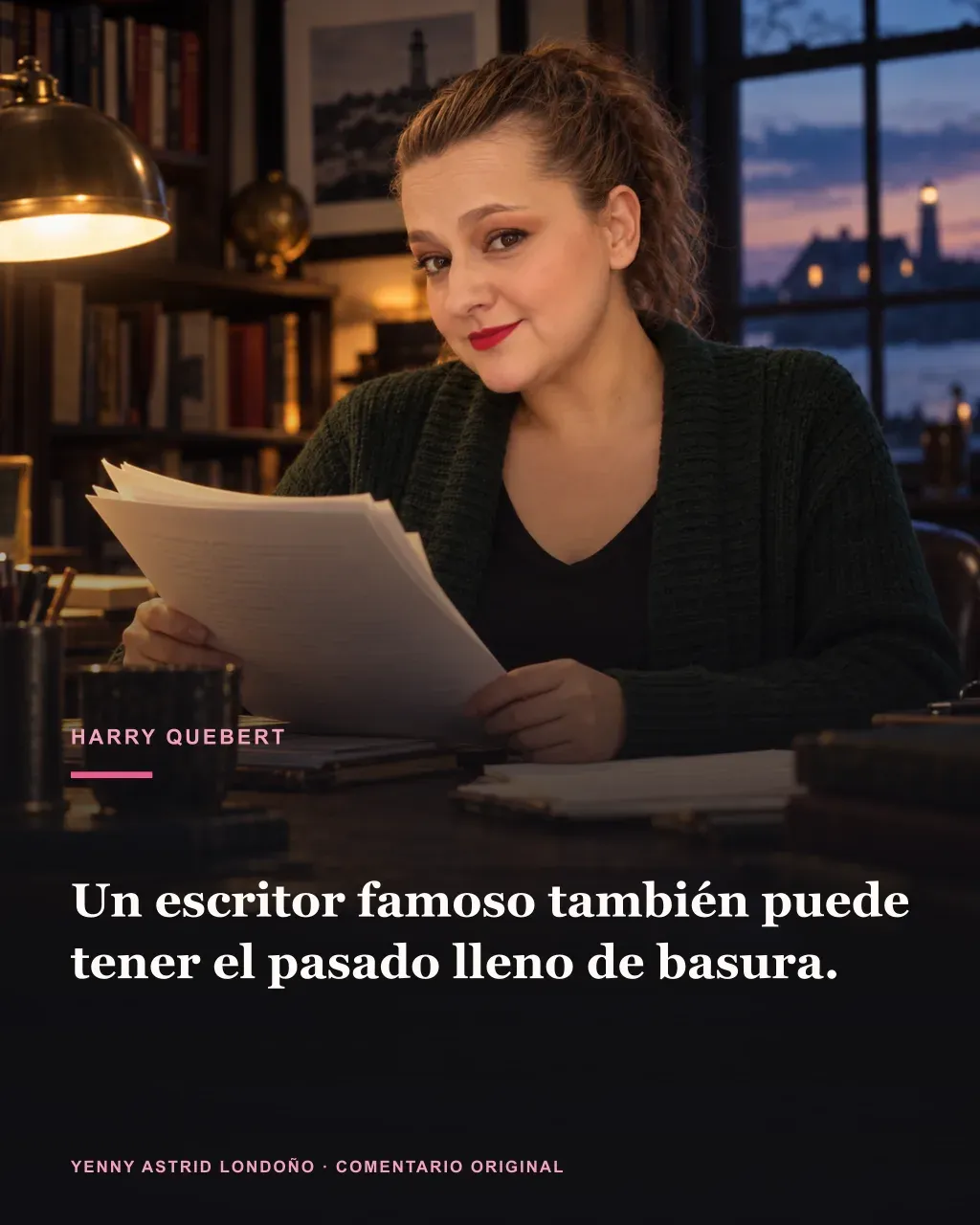 Imagen de la reseña del libro «La verdad sobre el caso Harry Quebert», escrita por Yenny Astrid Londoño. Ilustración de La verdad sobre el caso Harry Quebert, de Joël Dicker, con un texto superpuesto: «Un escritor famoso también puede tener el pasado lleno de basura».