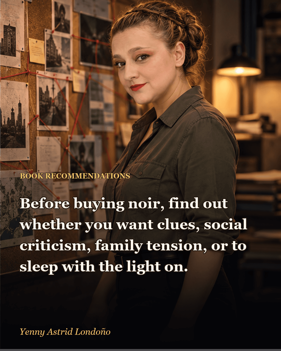 Image from “Best Noir Novels for Beginners: Eight Crimes and No Promise You Will Sleep Peacefully,” written by Yenny Astrid Londoño. Yenny comparing three noir novels beside an investigation board at night.