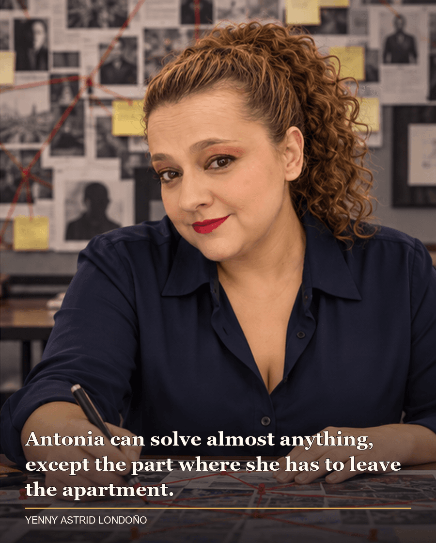 Image from Yenny Astrid Londoño’s review of “Red Queen”. Yenny in a navy blouse reviewing a complex investigation board with photographs turned away. Text: Antonia can solve almost anything, except the part where she has to leave the apartment.