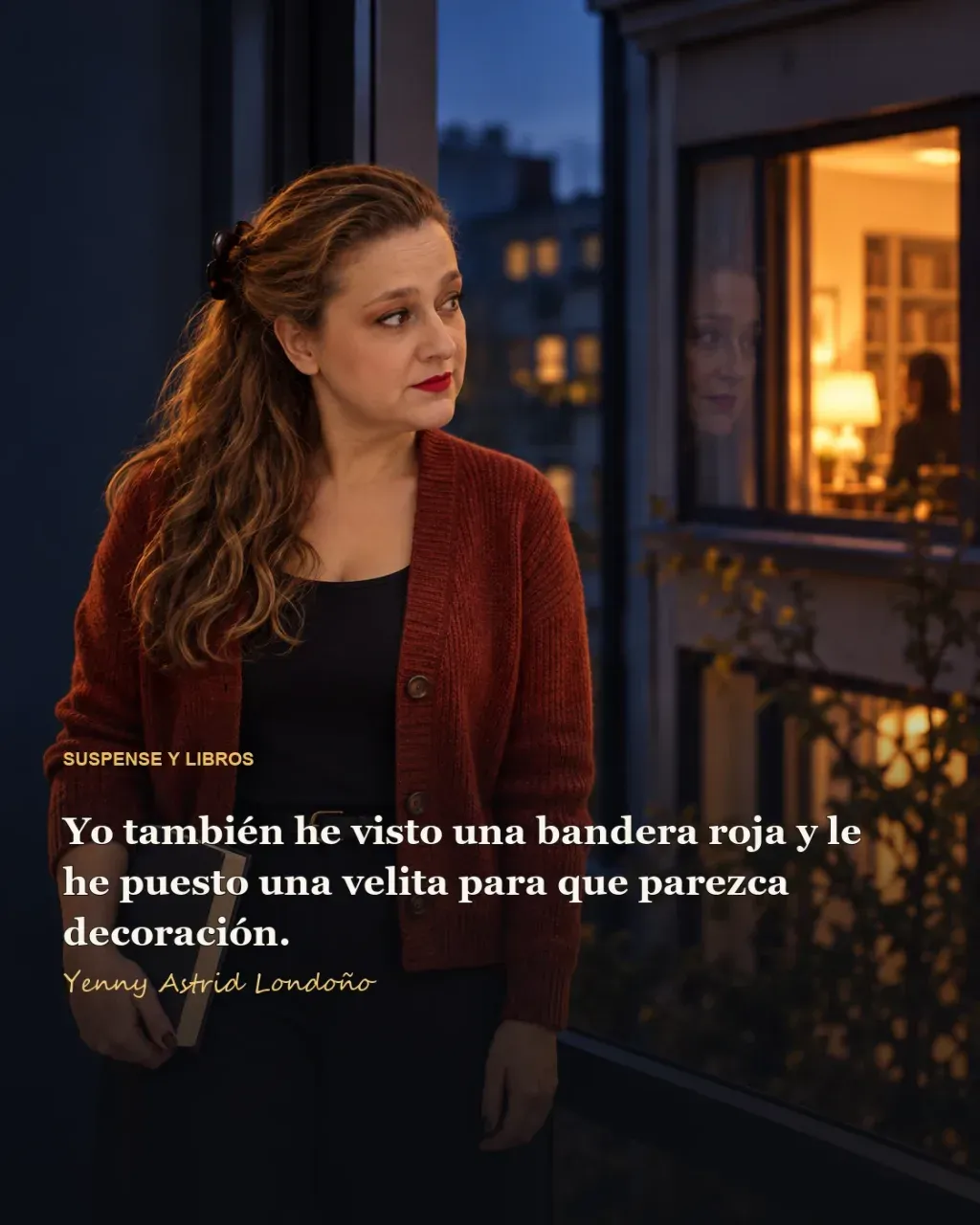 Imagen del artículo «Mejores thrillers psicológicos que realmente enganchan: diez libros para desconfiar hasta del que te los recomendó», escrito por Yenny Astrid Londoño. Yenny mira con sospecha la ventana iluminada de una casa, sosteniendo un libro; “Yo también he visto una bandera.