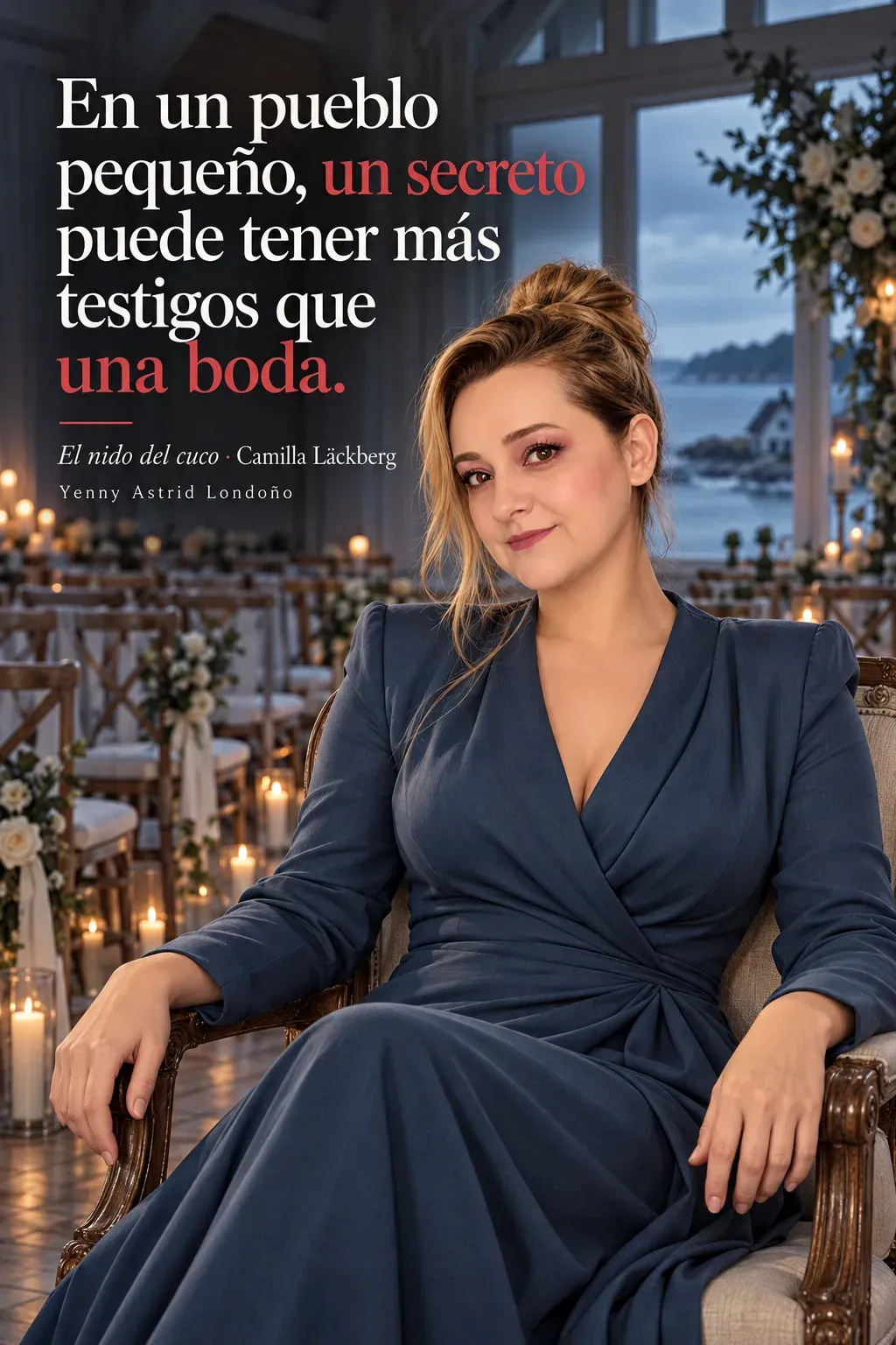 Yenny con vestido azul pizarra y moño alto sentada en un salón de bodas con vista al mar.
