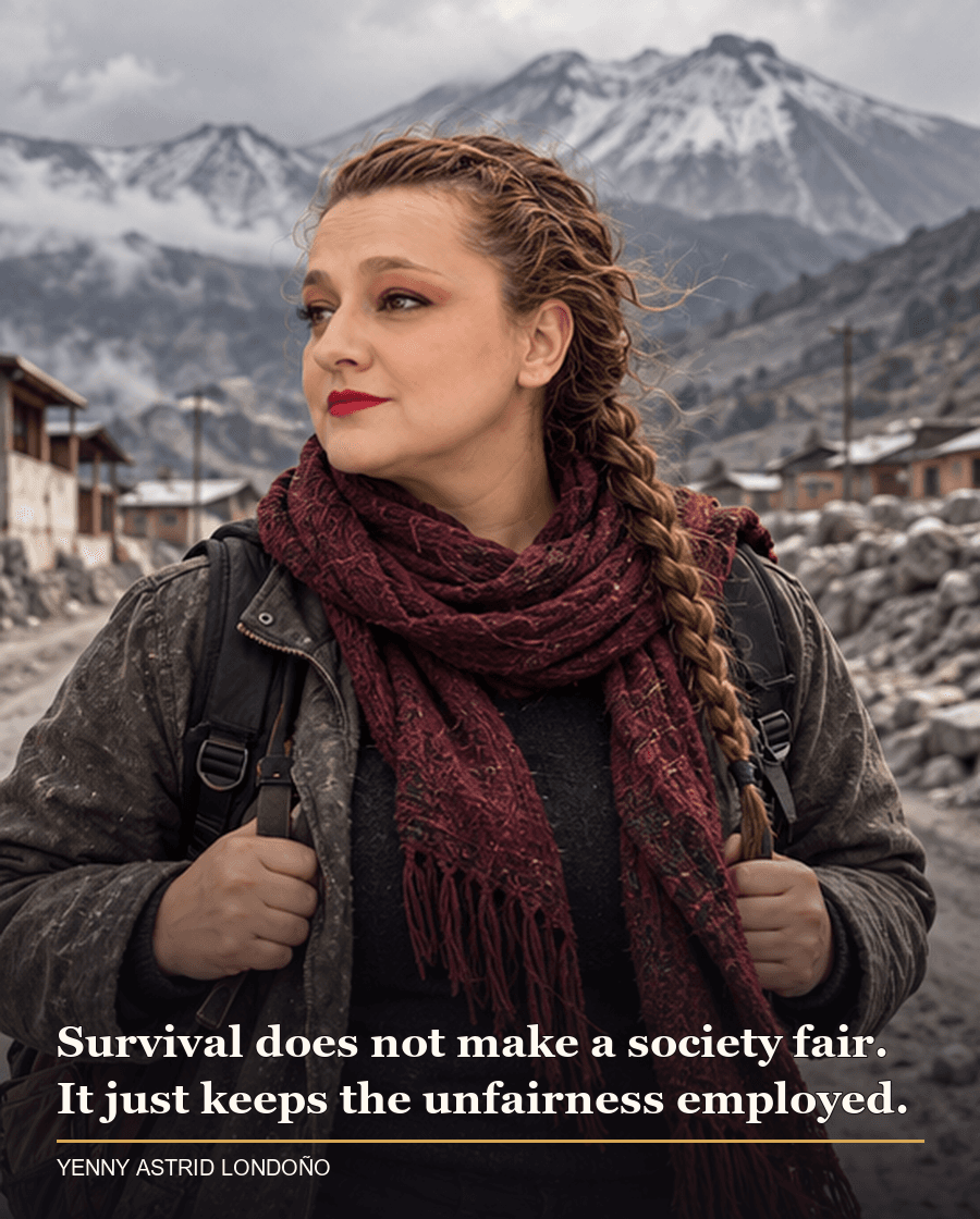 Image from Yenny Astrid Londoño’s review of “The Fifth Season”. Yenny in a burgundy scarf walking a quiet settlement with ash-colored mountains behind. Text: Survival does not make a society fair. It just keeps the unfairness employed.