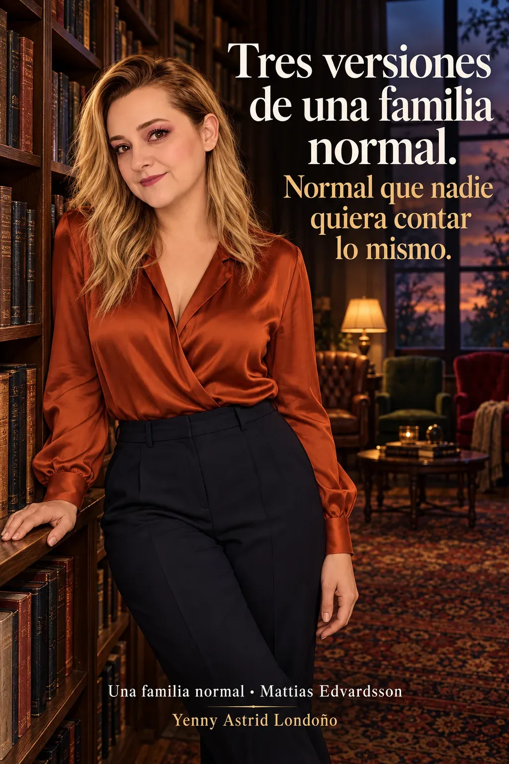 Yenny con blusa satinada cobriza y cabello suelto junto a una biblioteca al anochecer; frase sobre las tres versiones de una familia normal.