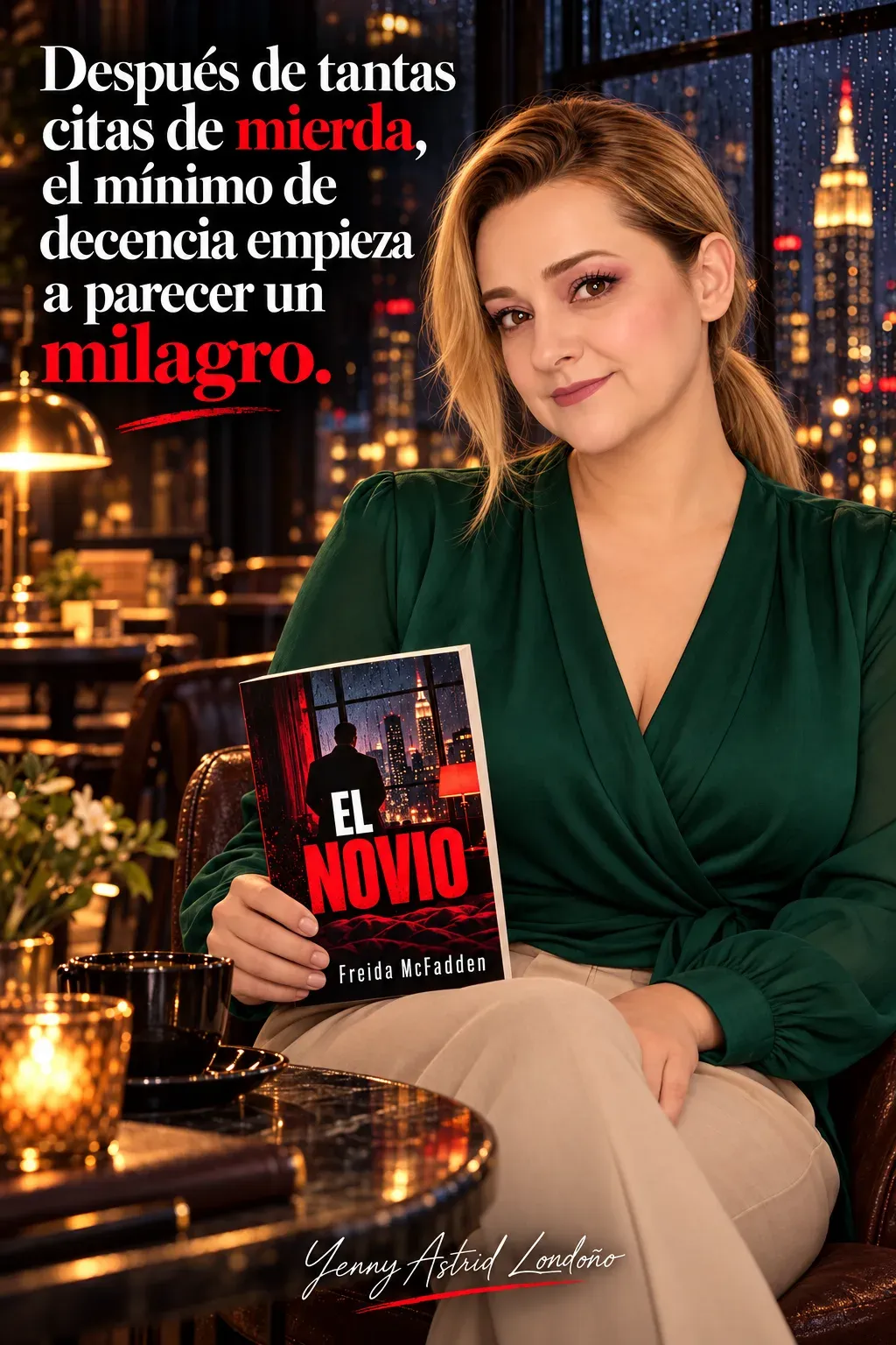 Yenny con coleta y blusa verde, sentada junto a una ventana lluviosa con El novio y una mano sobre la rodilla; frase del libro sobre las citas.