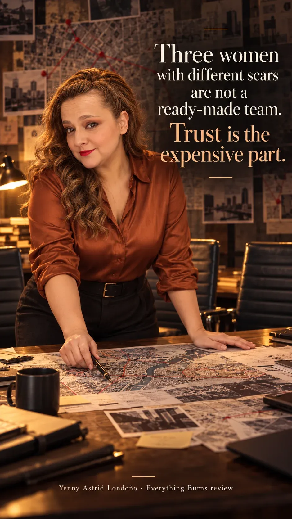 Image from Yenny Astrid Londoño’s review of “Everything Burns”. Yenny in a copper blouse studying a map in a crowded planning room. Text: Three women with different scars are not a ready-made team. Trust is the expensive part.