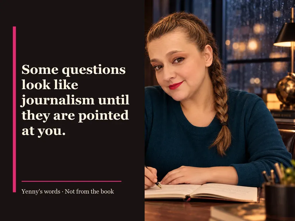 Image from Yenny Astrid Londoño’s review of “The Soul Game”. Illustration of The Soul Game, by Javier Castillo, with overlaid text: «Some questions look like journalism until they are pointed at you.»