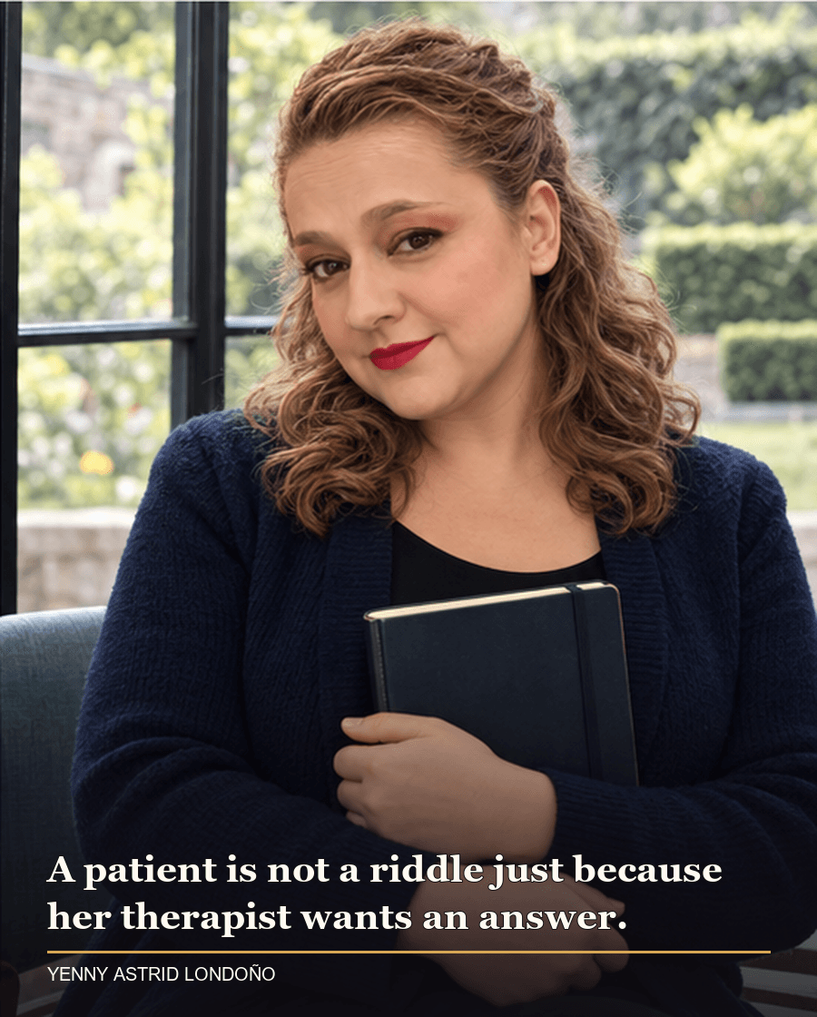 Image from Yenny Astrid Londoño’s review of “The Silent Patient”. Yenny by a window in a quiet garden, reflecting on the limits of treating a patient as a puzzle. Text: A patient is not a riddle just because her therapist wants an answer.