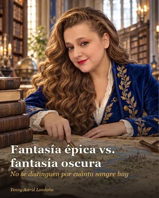 Portada del artículo «Fantasía épica vs. fantasía oscura: no, no se distinguen por cuánta sangre hay», escrito por Yenny Astrid Londoño. Yenny compara dos mapas fantásticos: un reino amplio de aventura y un bosque sombrío con símbolos de terror.