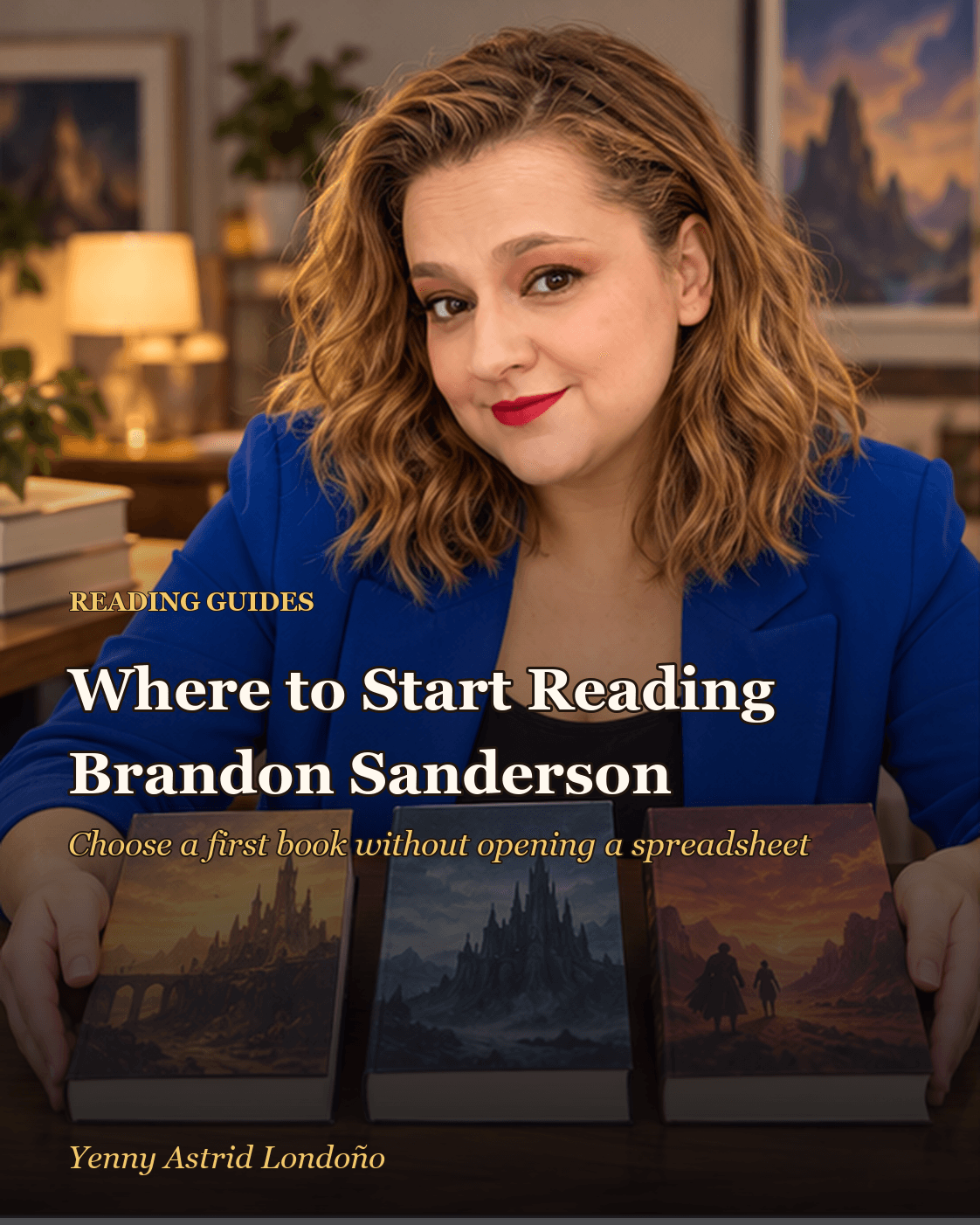 Cover image for “Where to Start Reading Brandon Sanderson Without Opening a Spreadsheet,” written by Yenny Astrid Londoño. Yenny comparing three fantasy books of different sizes on a reading table.