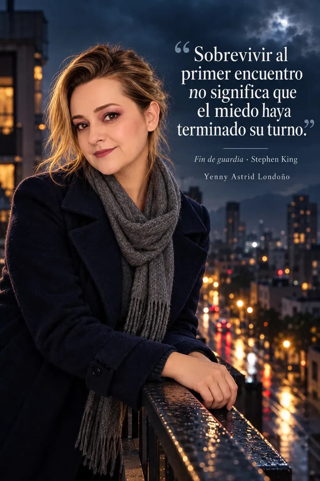 Yenny con abrigo azul marino y bufanda gris apoyada en un balcón urbano nocturno.