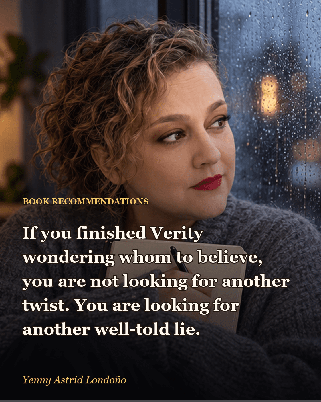 Image from “What to Read After *Verity*: Seven Thrillers That Will Make You Suspicious Again,” written by Yenny Astrid Londoño. Yenny holding a manuscript between two folders that contain conflicting versions.
