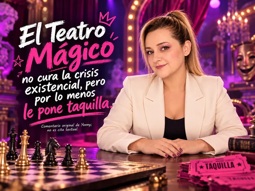 Imagen de la reseña del libro «El lobo estepario», escrita por Yenny Astrid Londoño. Yenny Astrid Londoño frente a un tablero de ajedrez y boletos de taquilla, con el texto «El Teatro Mágico no cura la crisis existencial, pero por lo menos le pone taquilla» superpuesto en la imagen, como.