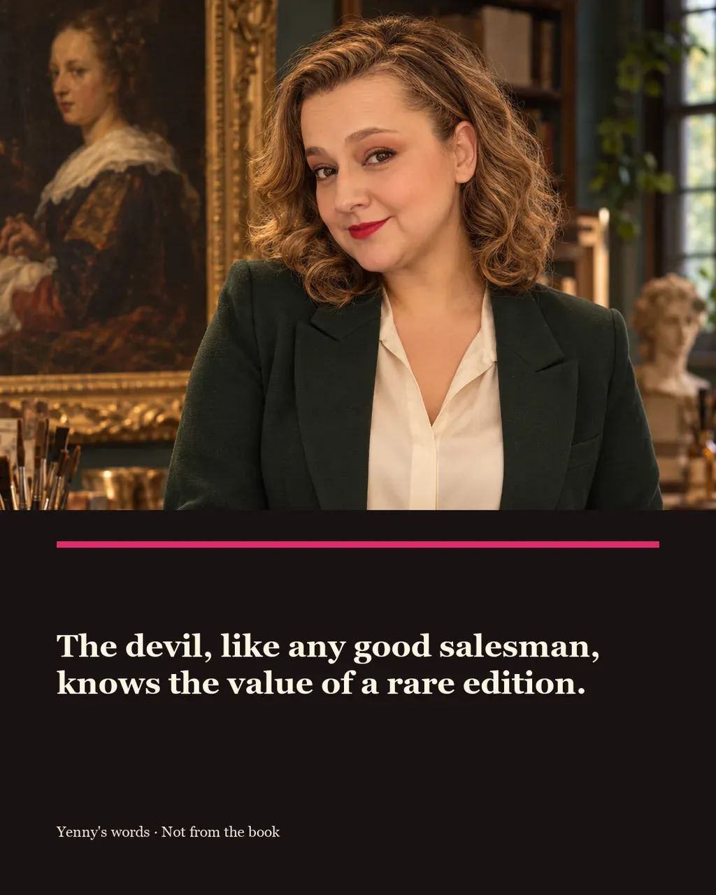 Image from Yenny Astrid Londoño’s review of “The Club Dumas”. Illustration of El club Dumas, by Arturo Pérez-Reverte, with overlaid text: «The devil, like any good salesman, knows the value of a rare edition.»