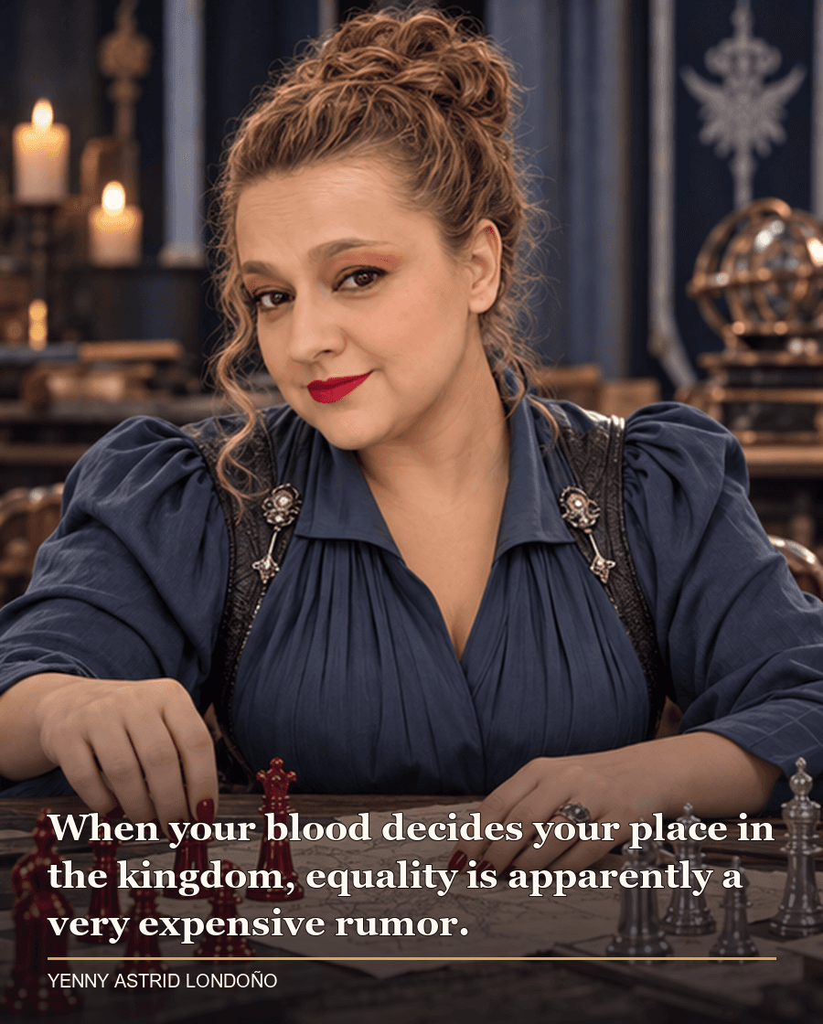 Image from Yenny Astrid Londoño’s review of “Red Queen”. Yenny in a slate-blue blouse studying red and silver pieces on a strategy table. Text: When your blood decides your place in the kingdom, equality is apparently a very expensive rumor.