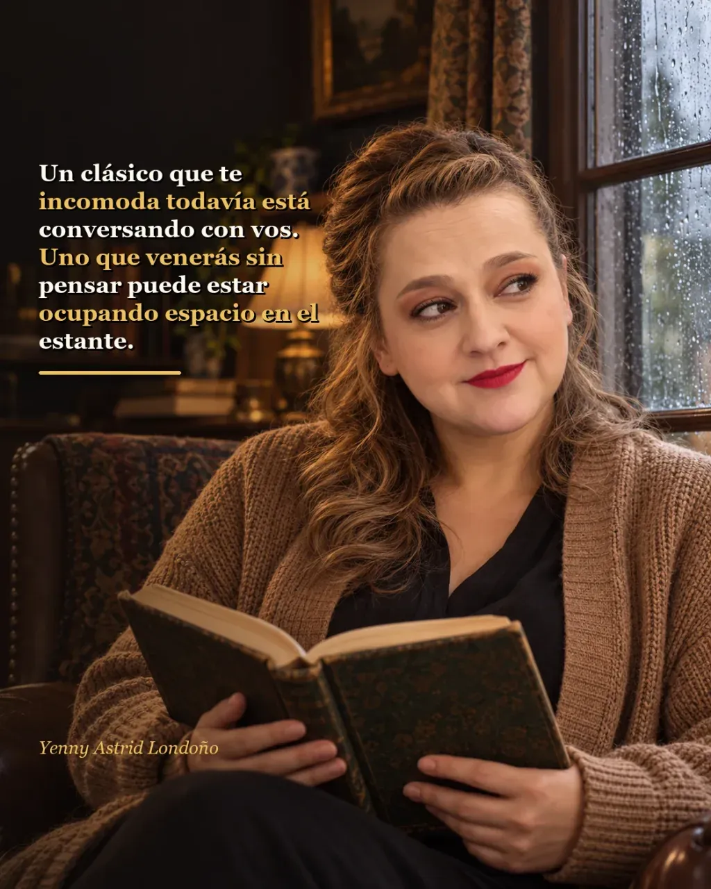 Imagen del artículo «Clásicos que sí vale la pena leer: cinco novelas para dejar la reverencia en la puerta», escrito por Yenny Astrid Londoño. Yenny lee en una sala antigua; frase: «Un clásico que te incomoda todavía está conversando con vos»