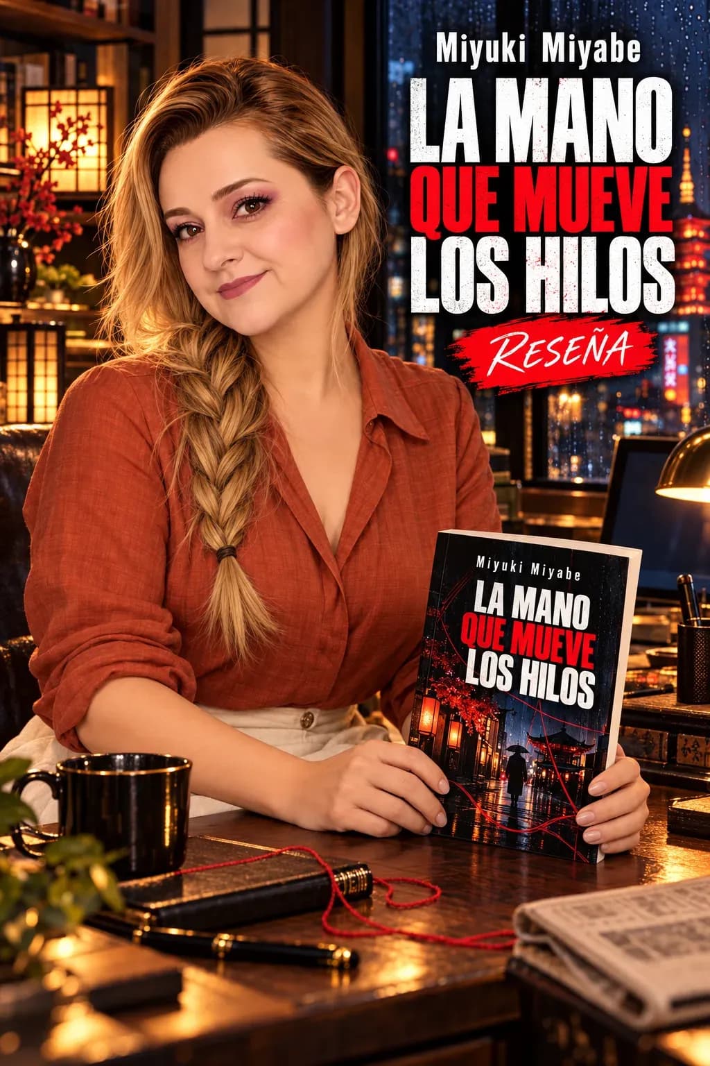 Yenny con trenza lateral y camisa terracota, sosteniendo La mano que mueve los hilos sobre una mesa con hilo rojo; luces nocturnas de Tokio al fondo.