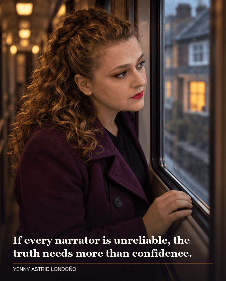 Image from Yenny Astrid Londoño’s review of “The Girl on the Train”. Yenny looking through train windows at houses in the rain. Text: If every narrator is unreliable, the truth needs more than confidence.