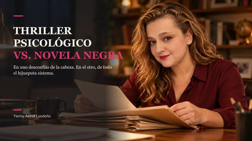 Portada del artículo «Thriller psicológico vs. novela negra: no, no son la misma vaina aunque haya cadáveres en los dos», escrito por Yenny Astrid Londoño. Yenny lee expedientes bajo una lámpara; portada de «Thriller psicológico vs. novela negra»