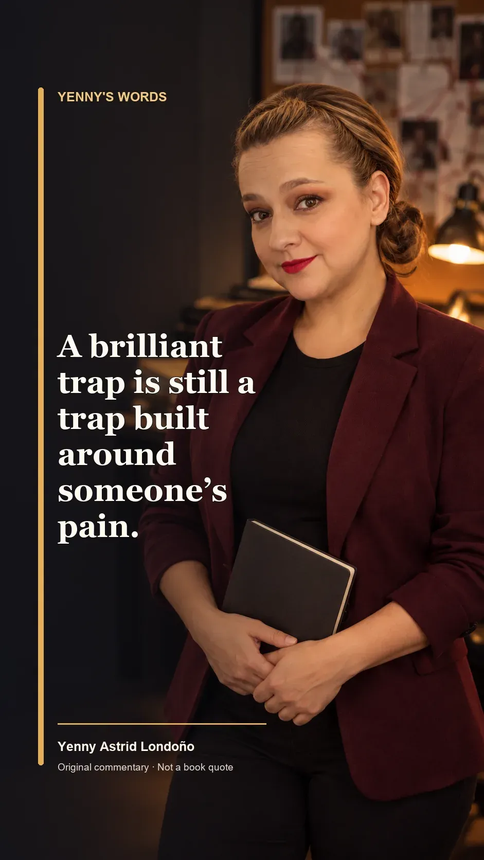 Image from Yenny Astrid Londoño’s review of “The Mentalist”. Illustration of The Mentalist, by Camilla Läckberg and Henrik Fexeus, with overlaid text: «A brilliant trap is still a trap built around someone's pain.»