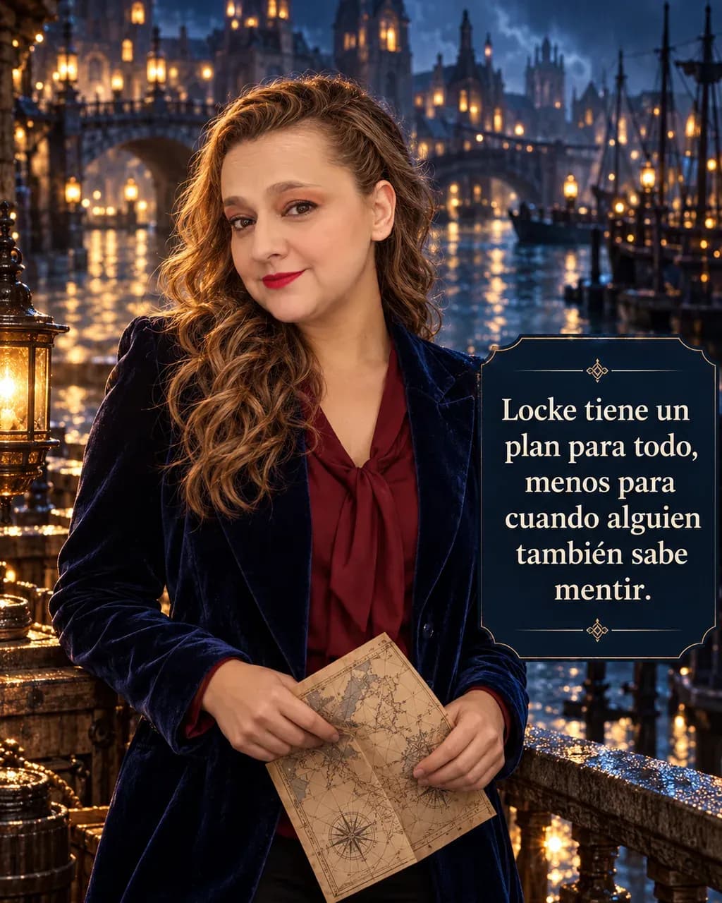 Imagen de la reseña del libro «Las mentiras de Locke Lamora», escrita por Yenny Astrid Londoño. Ilustración de Las mentiras de Locke Lamora, de Scott Lynch, con un texto superpuesto: «Locke tiene un plan para todo, menos para cuando alguien también sabe mentir».