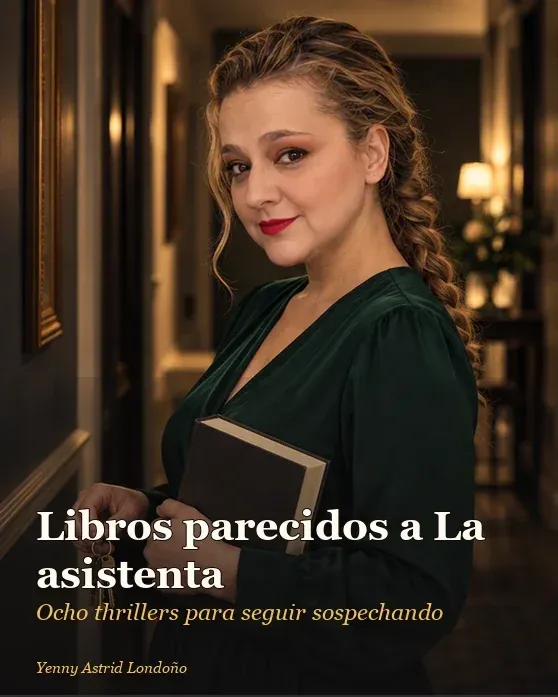 Portada del artículo «Libros parecidos a *La asistenta*: qué leer después de Millie», escrito por Yenny Astrid Londoño. Yenny elige un thriller frente a una casa suburbana iluminada por una ventana; portada de recomendaciones para lectores