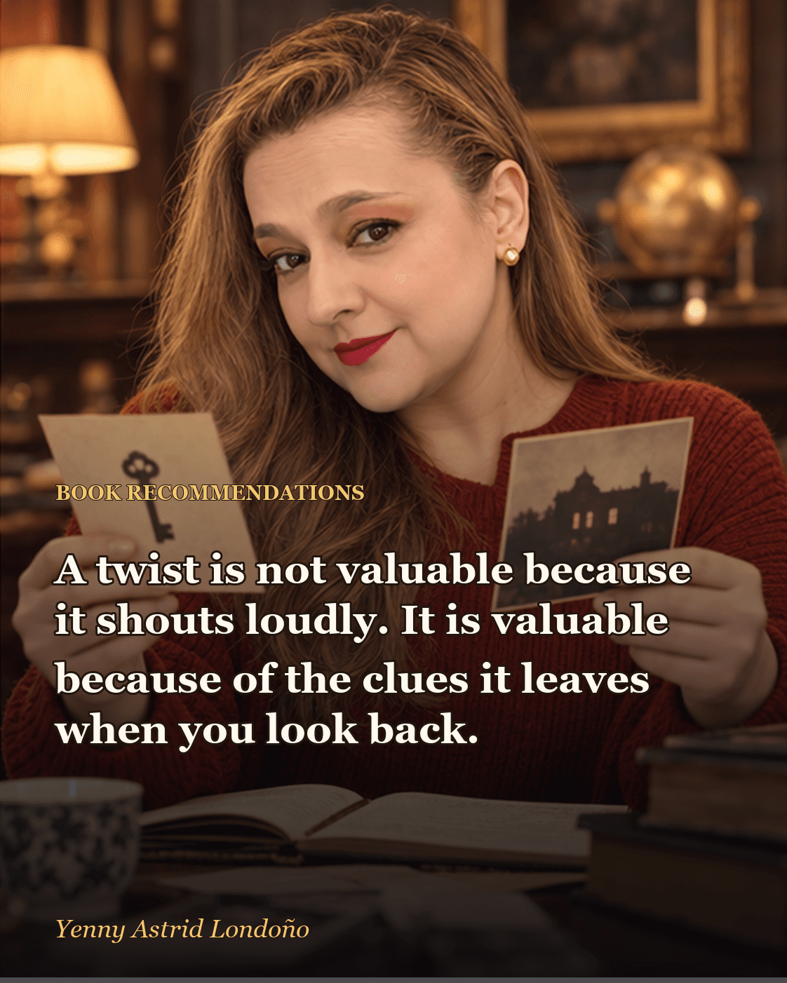 Image from “Best Mystery Books You Cannot Put Down: Eight Cases Worth Reading Suspiciously,” written by Yenny Astrid Londoño. Yenny following a marked clue while comparing notes about two suspects.
