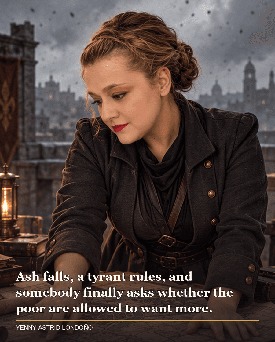 Image from Yenny Astrid Londoño’s review of “Mistborn: The Final Empire”. Yenny under a falling-ash sky studying a city map in a dark stone room. Text: Ash falls, a tyrant rules, and somebody finally asks whether the poor are allowed to want more.