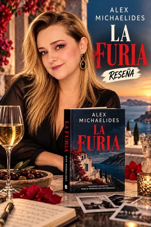 Yenny Astrid Londoño con una copa de vino blanco junto a La furia, de Alex Michaelides.