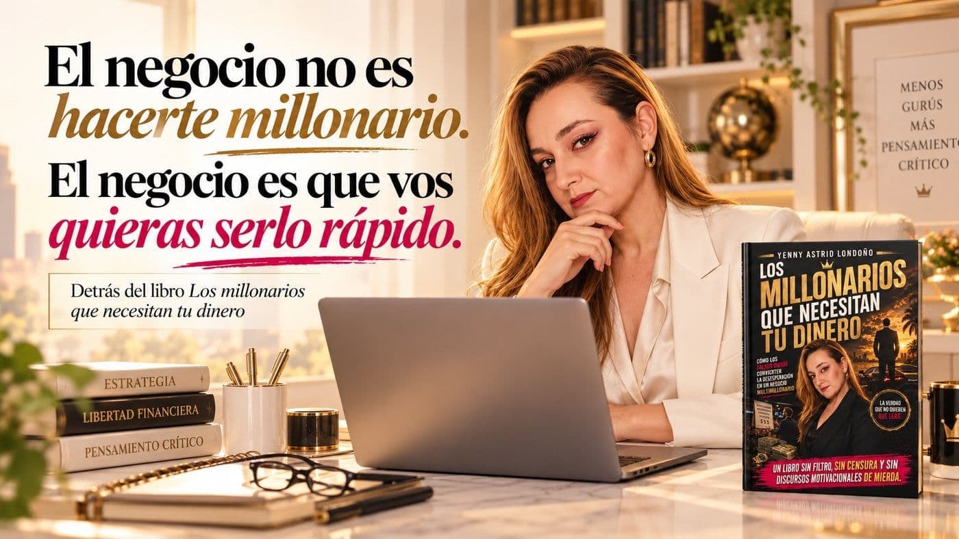 Portada del artículo «Falsos gurús financieros: el negocio no es hacerte millonario. Es que vos quieras serlo rápido.», escrito por Yenny Astrid Londoño. Yenny Astrid con su libro Los millonarios que necesitan tu dinero, reflexionando sobre falsos gurús financieros, riqueza rápida y.