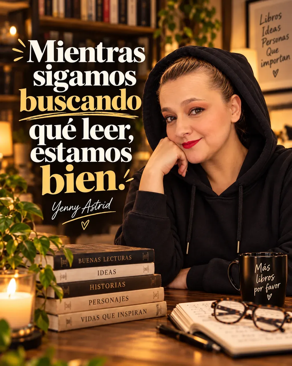 Imagen del artículo «¿Qué carajos está leyendo todo el mundo en 2026? Los 10 libros que están arrasando», escrito por Yenny Astrid Londoño. Yenny leyendo en una librería; frase: «Mientras sigamos buscando qué leer, estamos bien»