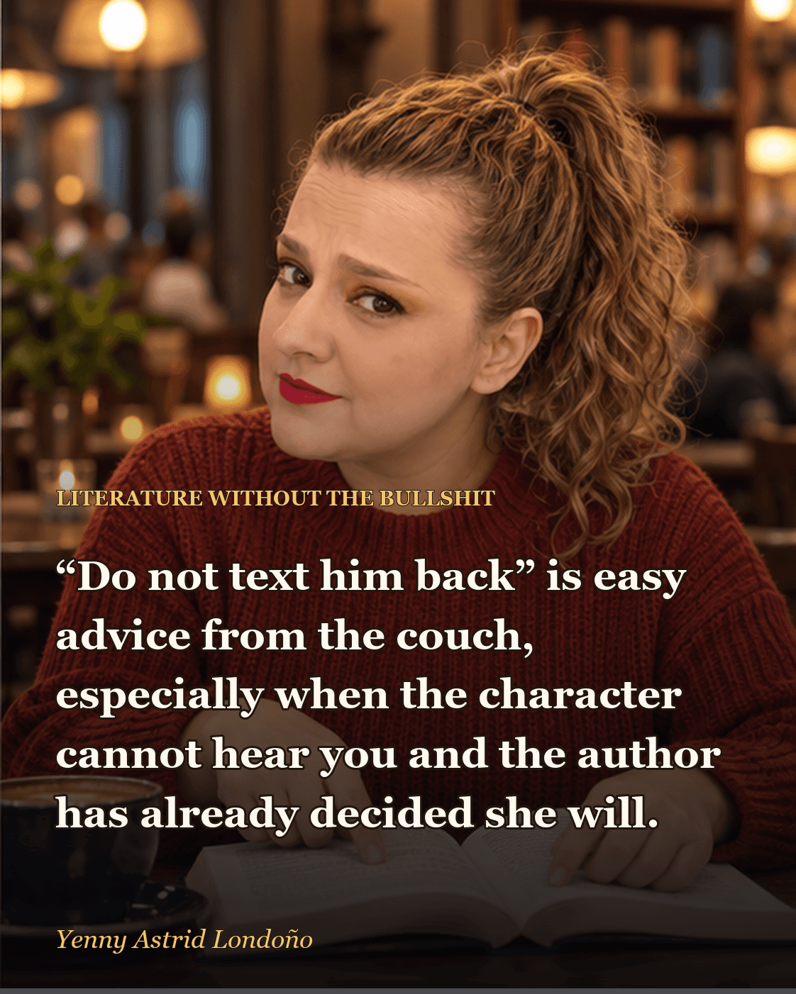 Image from “Literary Protagonists You Want to Shake, Even When You Understand Why They Stay,” written by Yenny Astrid Londoño. Yenny holding a novel and pointing to a list of frustrating character choices.
