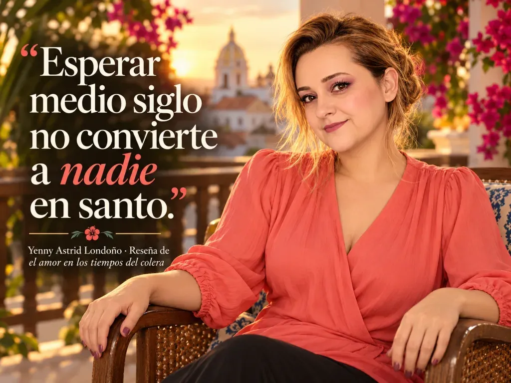 Imagen de la reseña del libro «El amor en los tiempos del cólera», escrita por Yenny Astrid Londoño. Yenny Astrid Londoño en una imagen editorial con la frase del libro sobre Esperar medio siglo no convierte a nadie en santo.