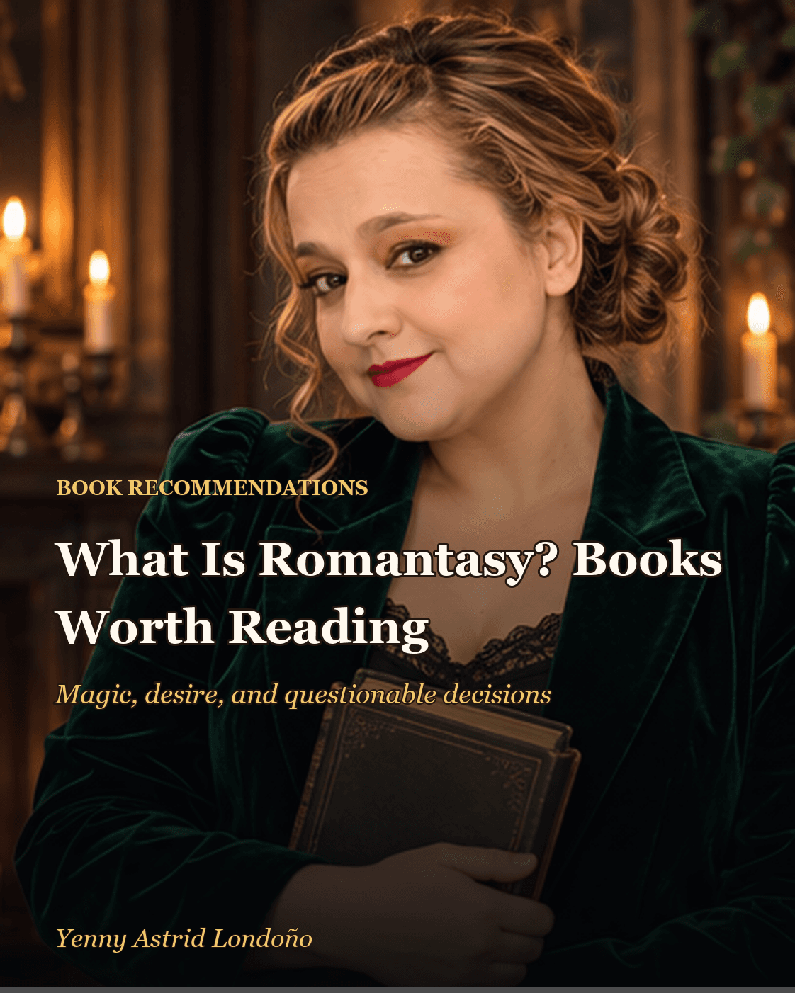 Cover image for “What Is Romantasy, and Which Books Are Worth Reading? Magic, Desire, and Questionable Decisions,” written by Yenny Astrid Londoño. Yenny in an elegant fantasy library holding a book among maps and a dark rose.