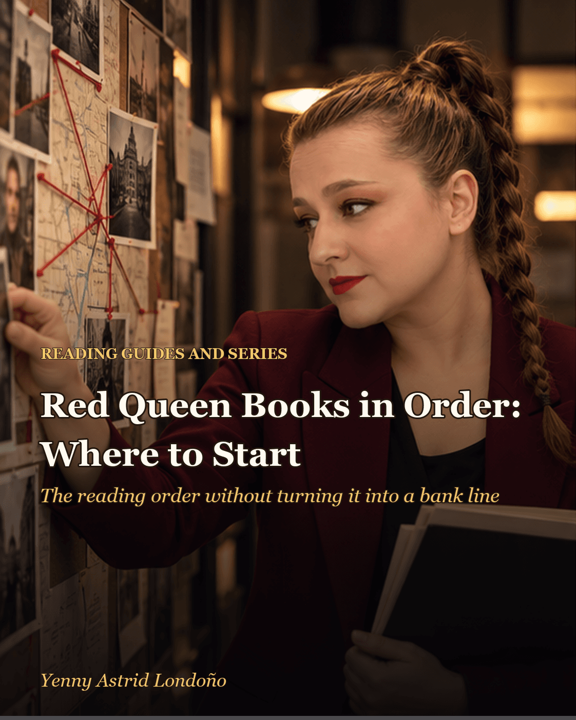 Cover image for “Red Queen Books in Order: Where to Begin Without Turning It Into a Thesis,” written by Yenny Astrid Londoño. Yenny holding a thriller beside a chessboard and a Red Queen reading map.
