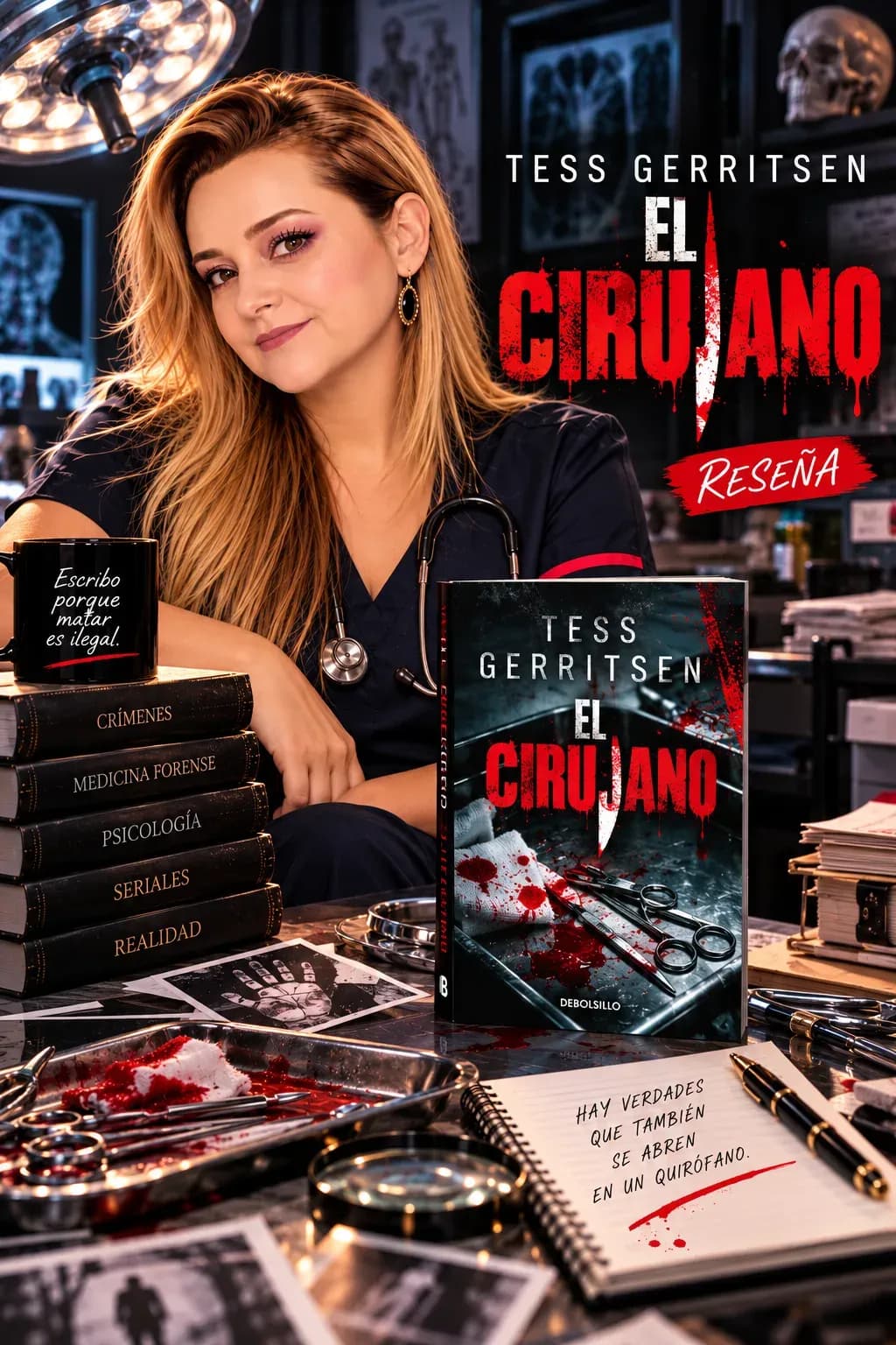 Yenny Astrid Londoño con un uniforme médico azul y un estetoscopio, sentada junto a El cirujano, de Tess Gerritsen, entre libros, fotografías y un cuaderno, con el título de la reseña superpuesto en la imagen.