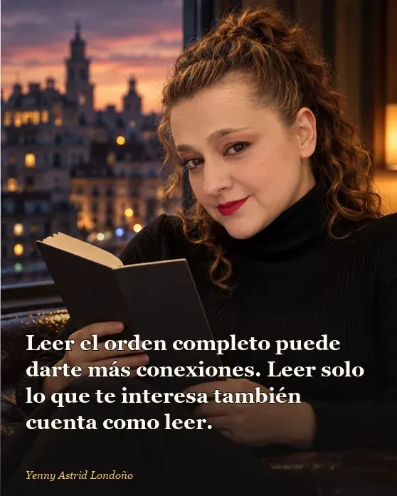 Imagen del artículo «Orden de los libros de Reina Roja: por dónde empezar sin convertirlo en tesis», escrito por Yenny Astrid Londoño. Yenny cierra una pizarra de conexiones y se lleva solo un libro; frase: “Leer el orden completo puede darte más