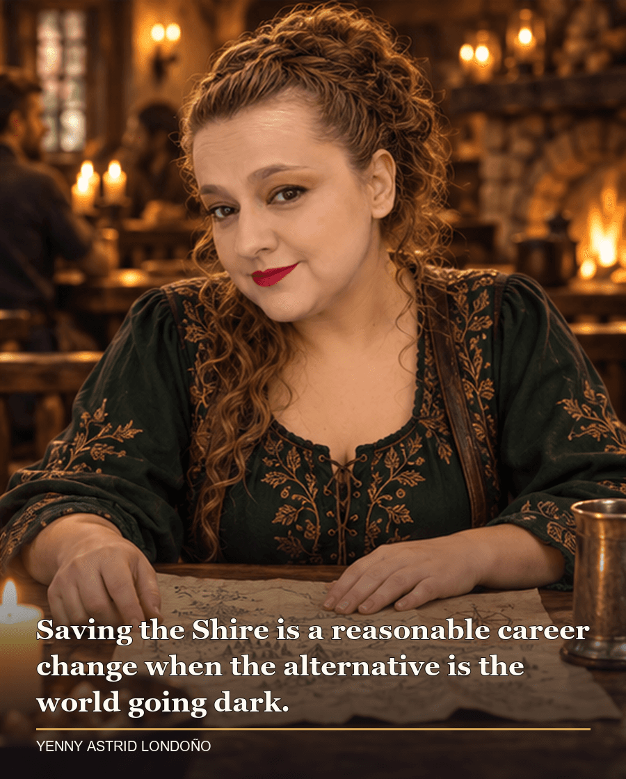 Image from Yenny Astrid Londoño’s review of “The Fellowship of the Ring”. Yenny in a moss-green tunic in a warm tavern room with maps and an unmarked gold ring on the table. Text: Saving the Shire is a reasonable career change when the alternative is the world going dark.
