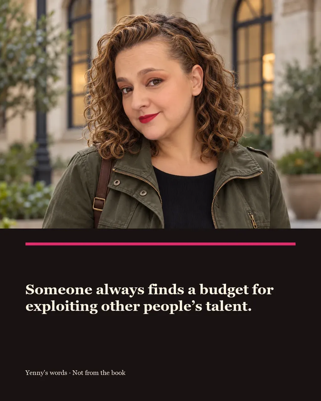 Image from Yenny Astrid Londoño’s review of “The Institute”. Illustration of El instituto, by Stephen King, with overlaid text: «Someone always finds a budget for exploiting other people's talent.»