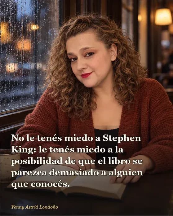 Imagen del artículo «Mejores libros de Stephen King para empezar: ocho puertas sin obligarte a leerlos todos», escrito por Yenny Astrid Londoño. Yenny revisa un expediente bajo la luz de un proyector; frase: “No le tenés miedo a Stephen King: le tenés miedo a la