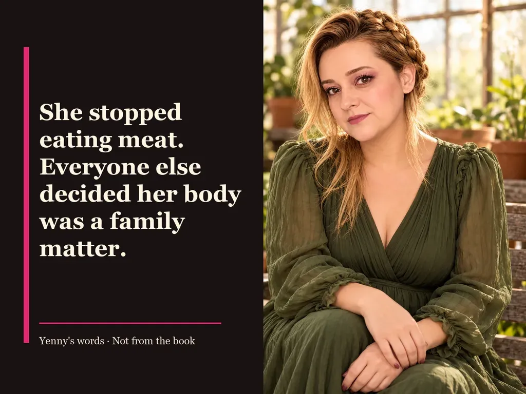 Image from Yenny Astrid Londoño’s review of “The Vegetarian”. Illustration of La vegetariana, by Han Kang, with overlaid text: «She stopped eating meat. Everyone else decided her body was a family matter.»