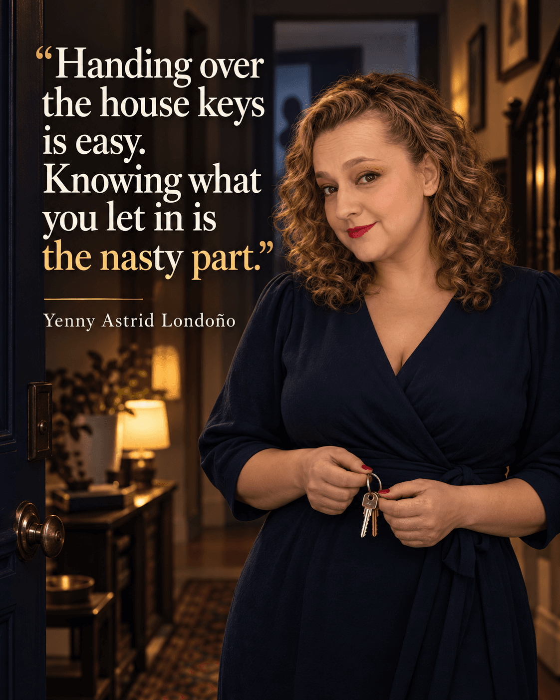 Image from Yenny Astrid Londoño’s review of “The Nanny”. Yenny inside a family home holding a set of house keys. Text: Handing over the house keys is easy. Knowing what you let in is the nasty part.