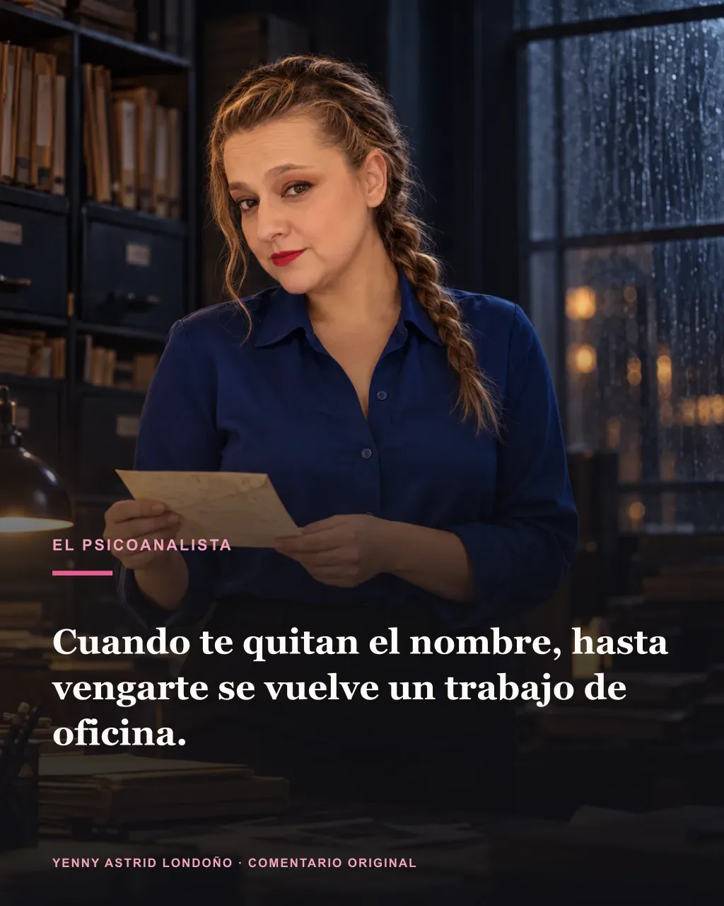 Imagen de la reseña del libro «El psicoanalista», escrita por Yenny Astrid Londoño. Ilustración de El psicoanalista, de John Katzenbach, con un texto superpuesto: «Cuando te quitan el nombre, hasta vengarte se vuelve un trabajo de oficina».