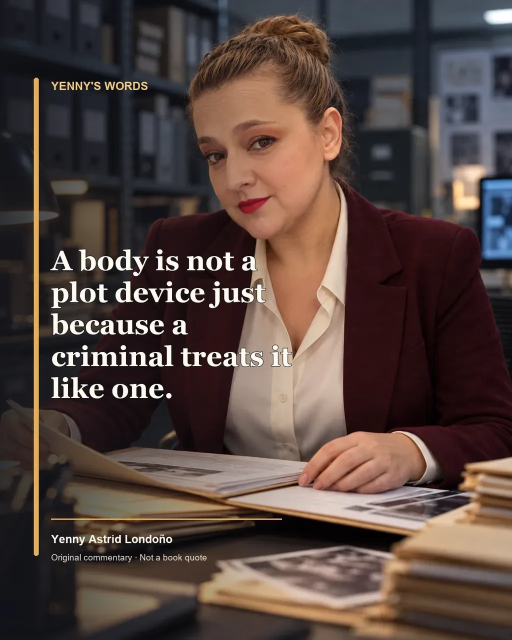 Image from Yenny Astrid Londoño’s review of “The Mothers”. Illustration of The Mothers, by Carmen Mola, with overlaid text: «A body is not a plot device just because a criminal treats it like one.»