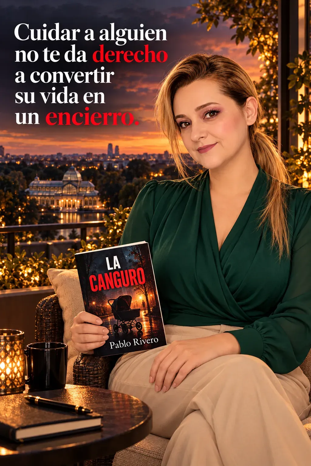 Yenny con coleta y blusa verde, sentada ante una terraza al atardecer con La canguro y una mano en la rodilla; frase del libro sobre cuidado y encierro.