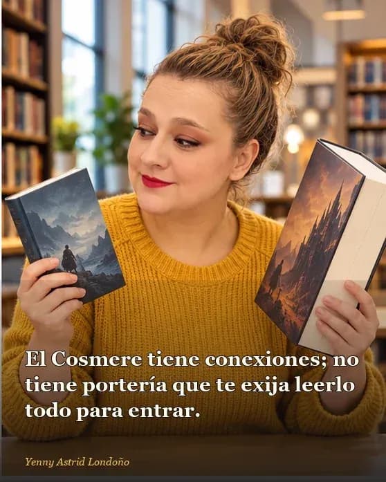Imagen del artículo «Por dónde empezar a leer a Brandon Sanderson sin abrir una hoja de cálculo», escrito por Yenny Astrid Londoño. Yenny elige una novela de fantasía corta de una mesa con varias puertas de entrada posibles.