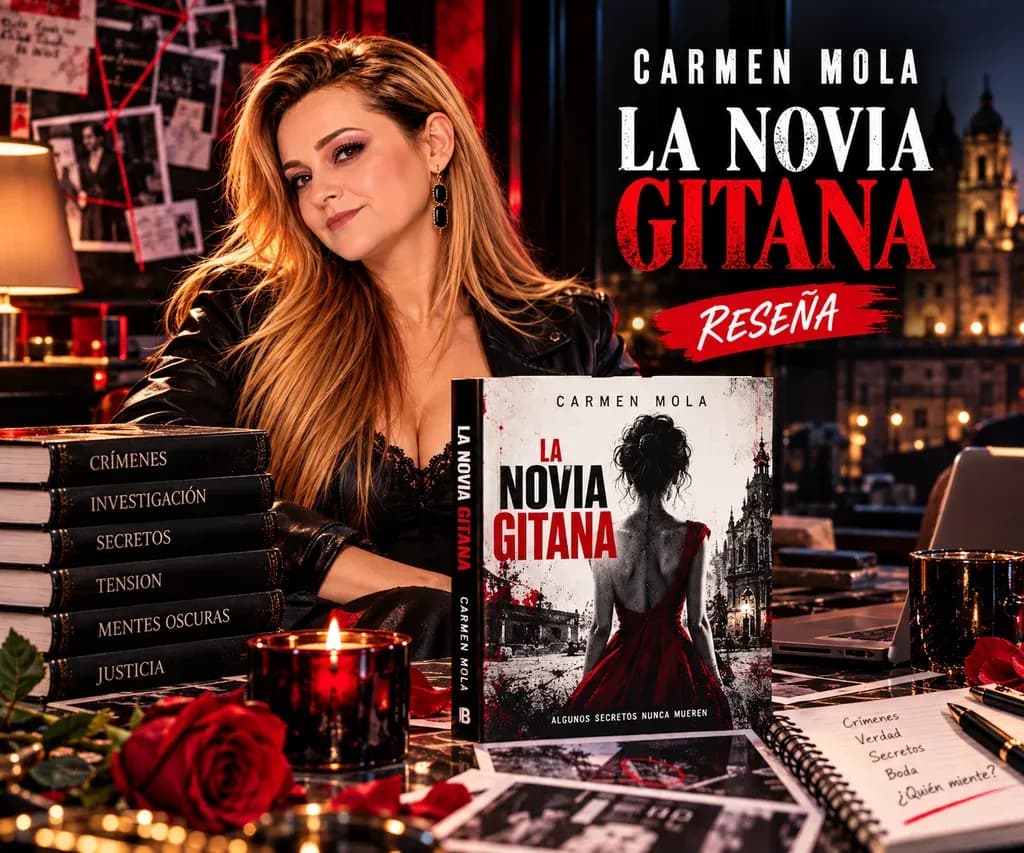 Yenny Astrid Londoño con una chaqueta de cuero negra, sentada junto a La novia gitana, de Carmen Mola, con una vela y fotografías sobre la mesa, con el título de la reseña superpuesto en la imagen.